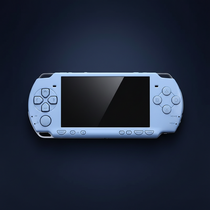 Light blue PSP 2000 replacement shell fitted to console with matching controls and glossy black screen