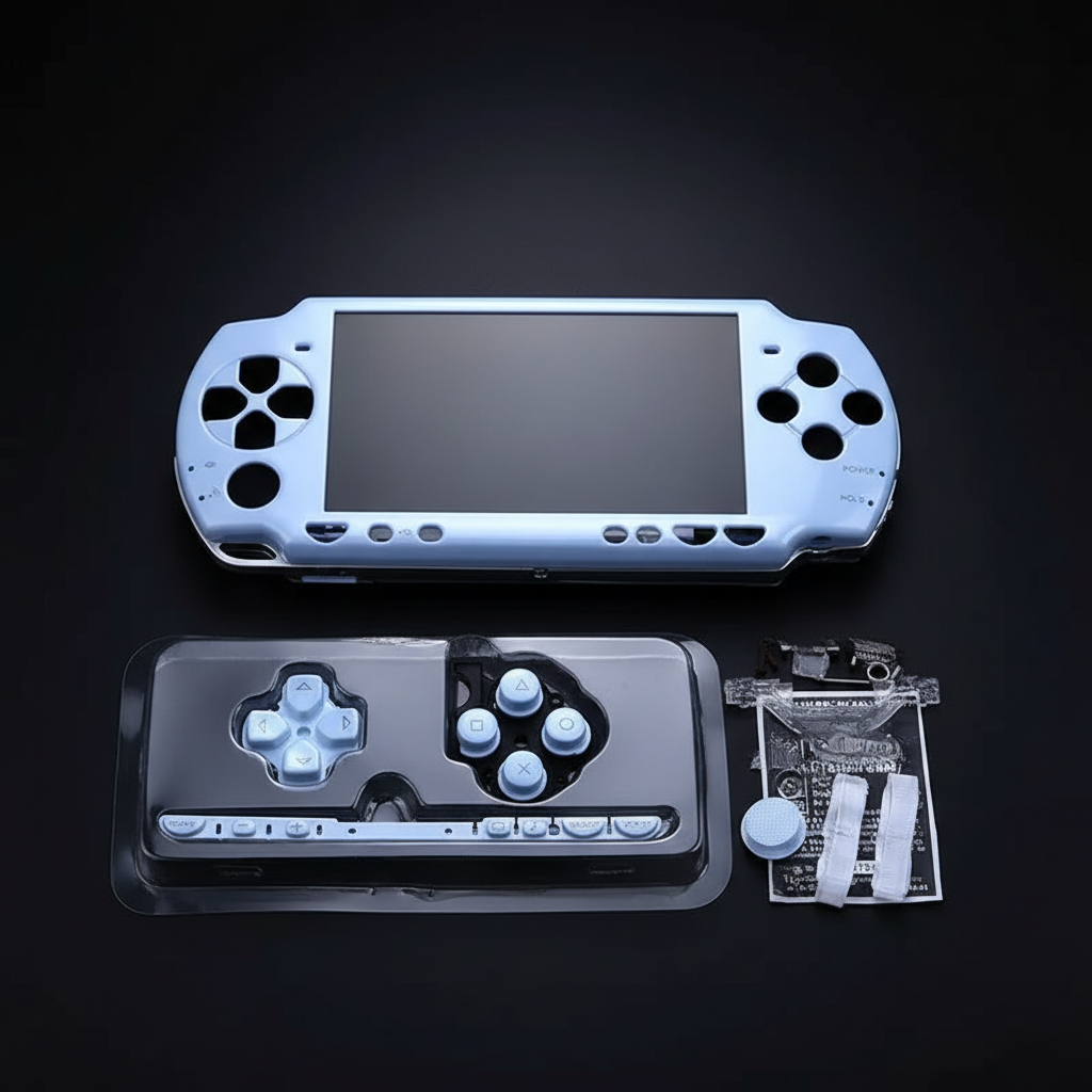 Light blue PSP 2000 replacement housing kit with buttons, screws and repair accessories