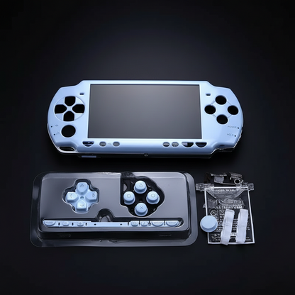Light blue PSP 2000 replacement housing kit with buttons, screws and repair accessories