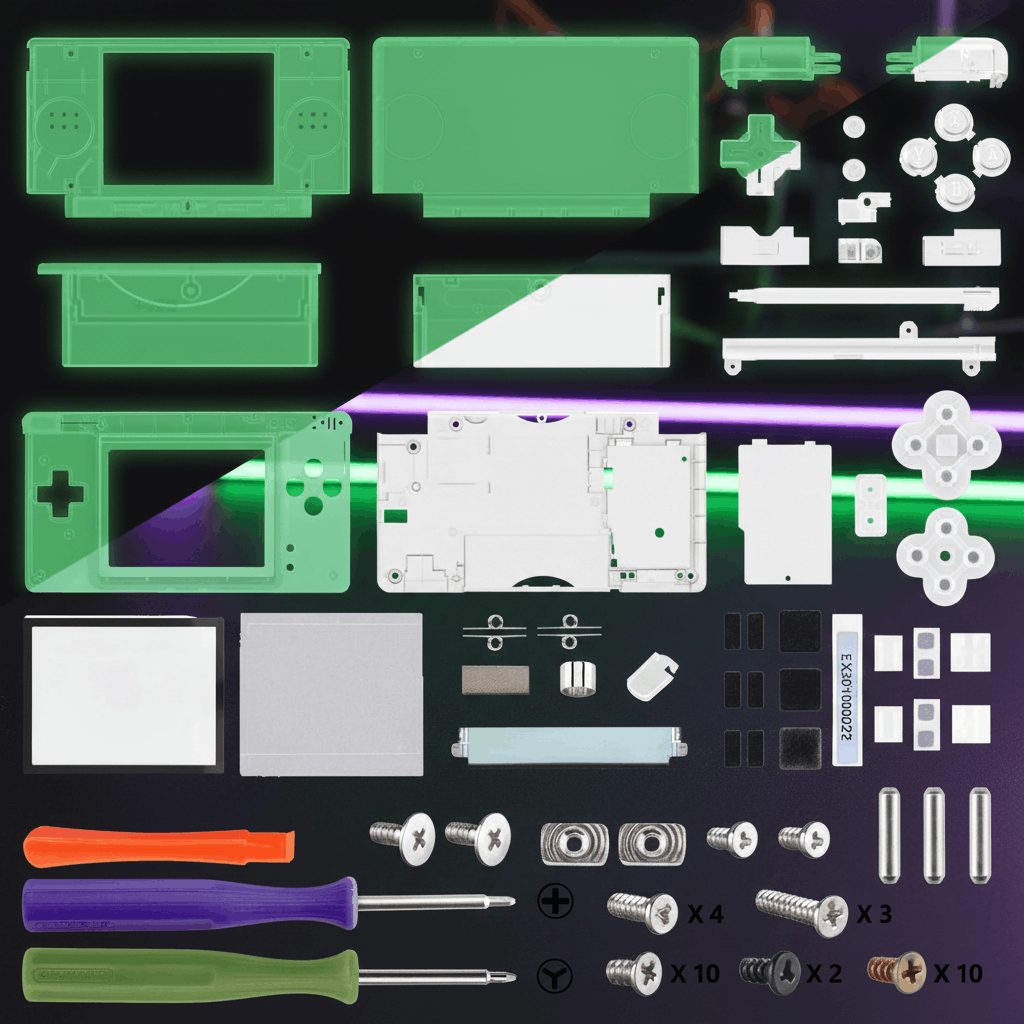 Glow in the dark green Nintendo DS Lite full replacement shell mod kit with buttons, D-pad, screen lens, screws, rubber pads, and three screwdrivers on gaming desk
