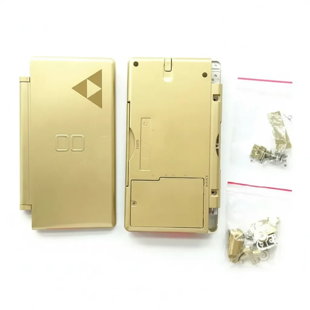 Gold Zelda Triforce Nintendo DS Lite full replacement housing shell kit with front and back covers, screws, hinges, and button components