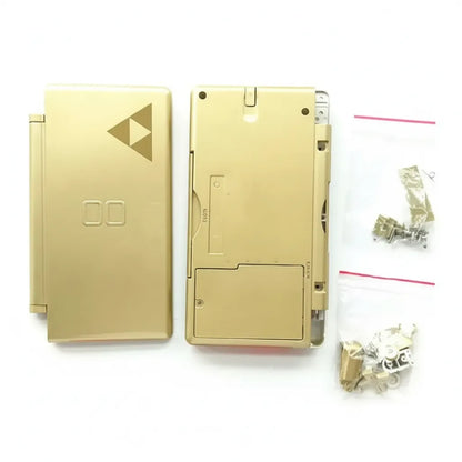 Gold Zelda Triforce Nintendo DS Lite full replacement housing shell kit with front and back covers, screws, hinges, and button components
