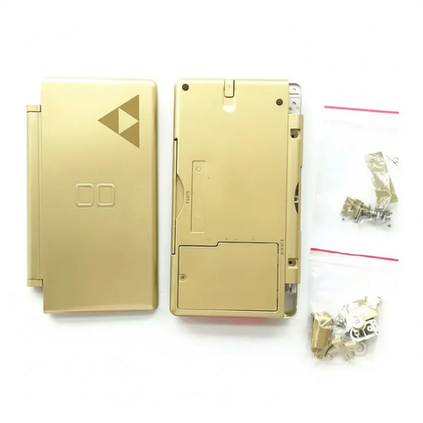 Gold Zelda Triforce Nintendo DS Lite full replacement housing shell kit with front and back covers, screws, hinges, and button components