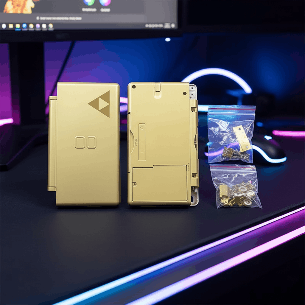 Gold Zelda Triforce Nintendo DS Lite replacement shell case mod kit on gaming desk with RGB lighting, including screws and hardware