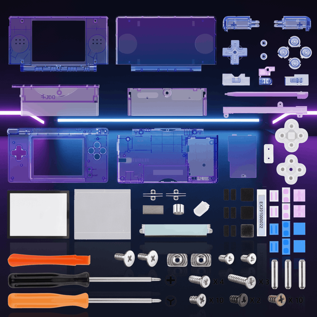 Clear purple blue gradient transparent Nintendo DS Lite full replacement shell mod kit with clear buttons, D-pad, stylus, screen lens, hinges, rubber pads, screws, and screwdrivers on RGB gaming desk