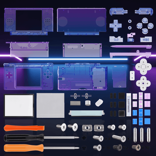 Clear purple blue gradient transparent Nintendo DS Lite full replacement shell mod kit with clear buttons, D-pad, stylus, screen lens, hinges, rubber pads, screws, and screwdrivers on RGB gaming desk
