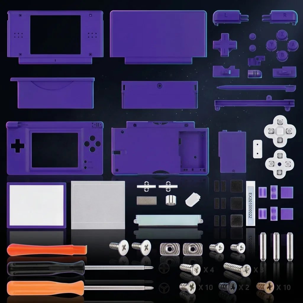 Amethyst Nebula purple DS Lite replacement shell kit laid out on black, aftermarket housing and buttons - ModxGaming UK
