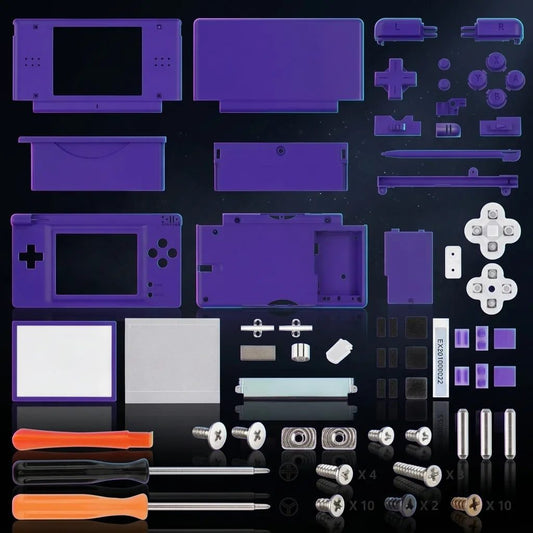 Amethyst Nebula purple DS Lite replacement shell kit laid out on black, aftermarket housing and buttons - ModxGaming UK
