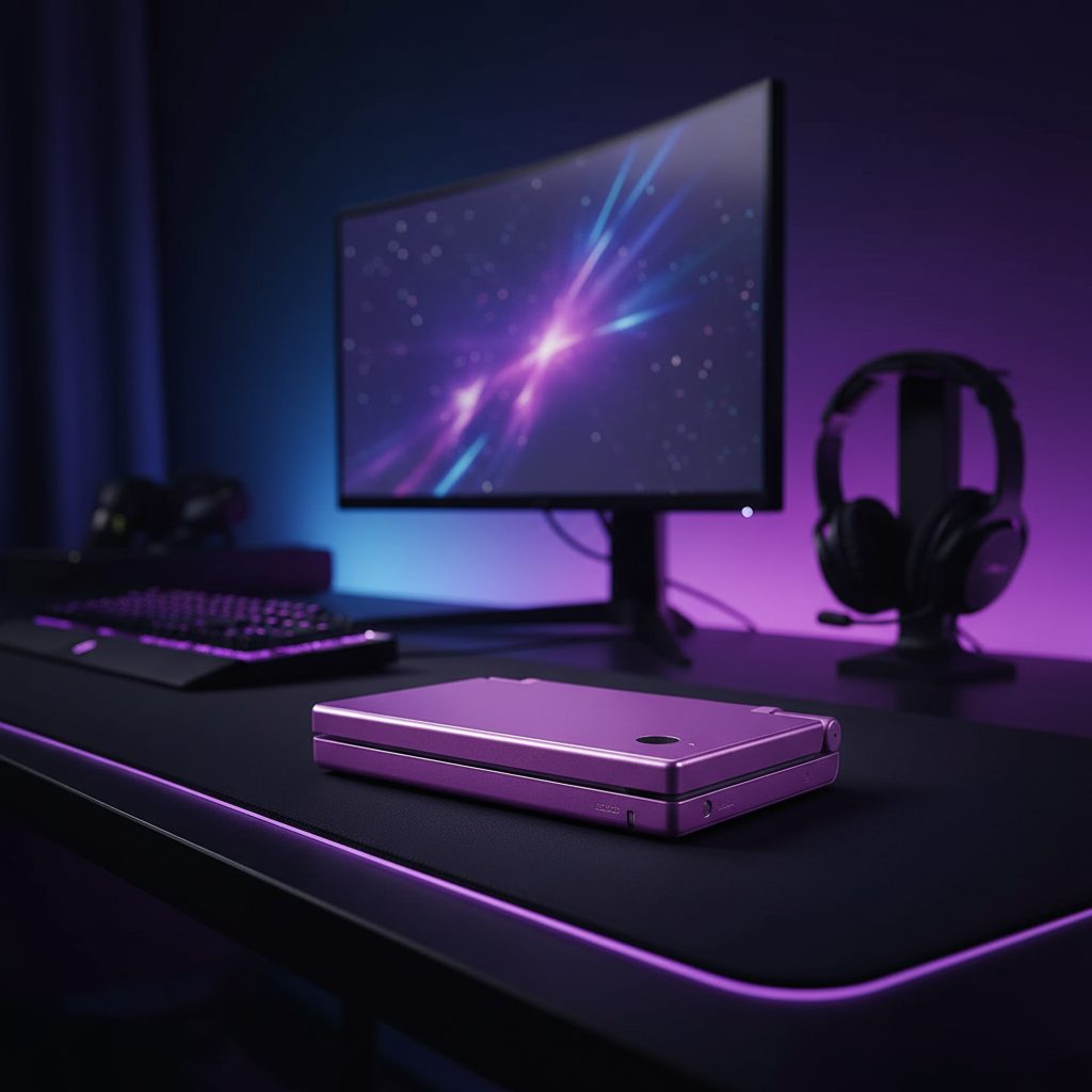 Purple Amethyst Nebula DSi housing on a gaming desk with a nebula monitor - ModxGaming UK
