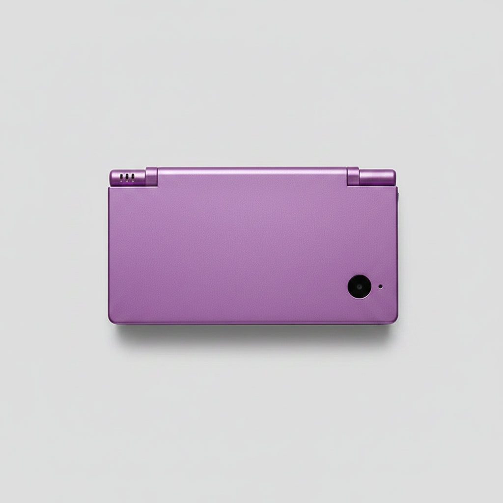Amethyst Nebula DSi replacement shell shown top-down on grey, metallic lavender console housing