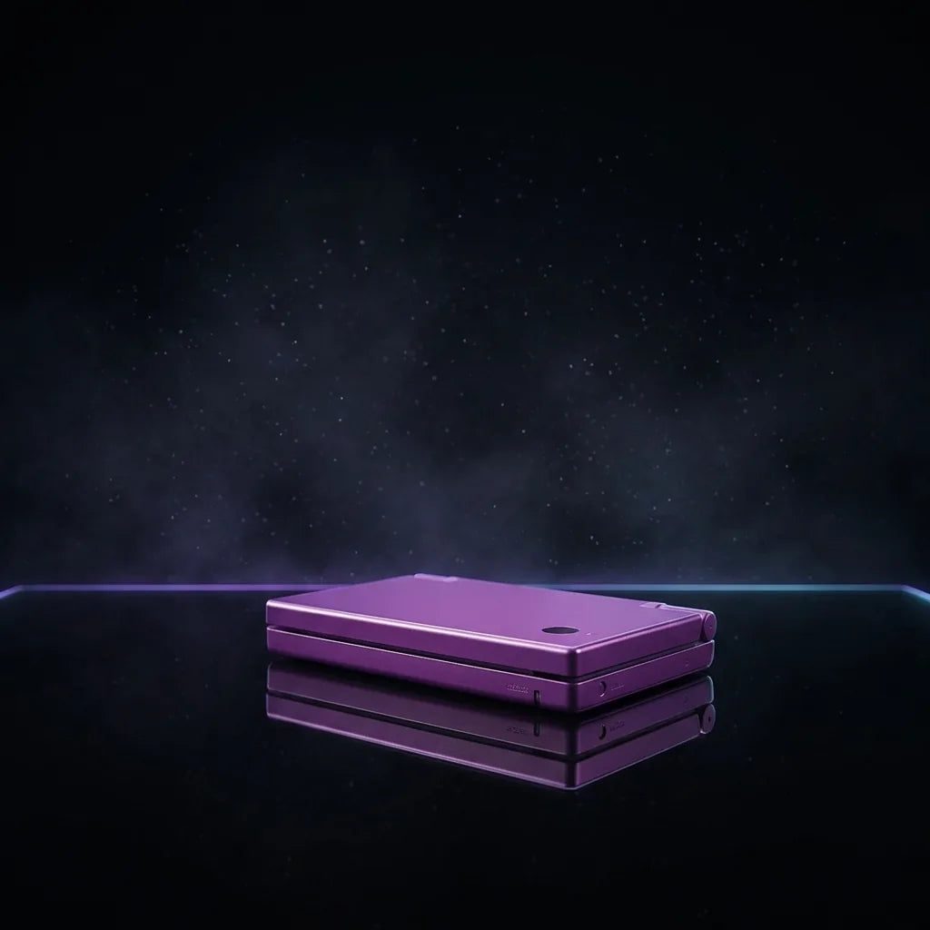 Amethyst Nebula metallic purple DSi replacement shells stacked on a dark starfield, lavender housing
