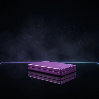 Amethyst Nebula metallic purple DSi replacement shells stacked on a dark starfield, lavender housing