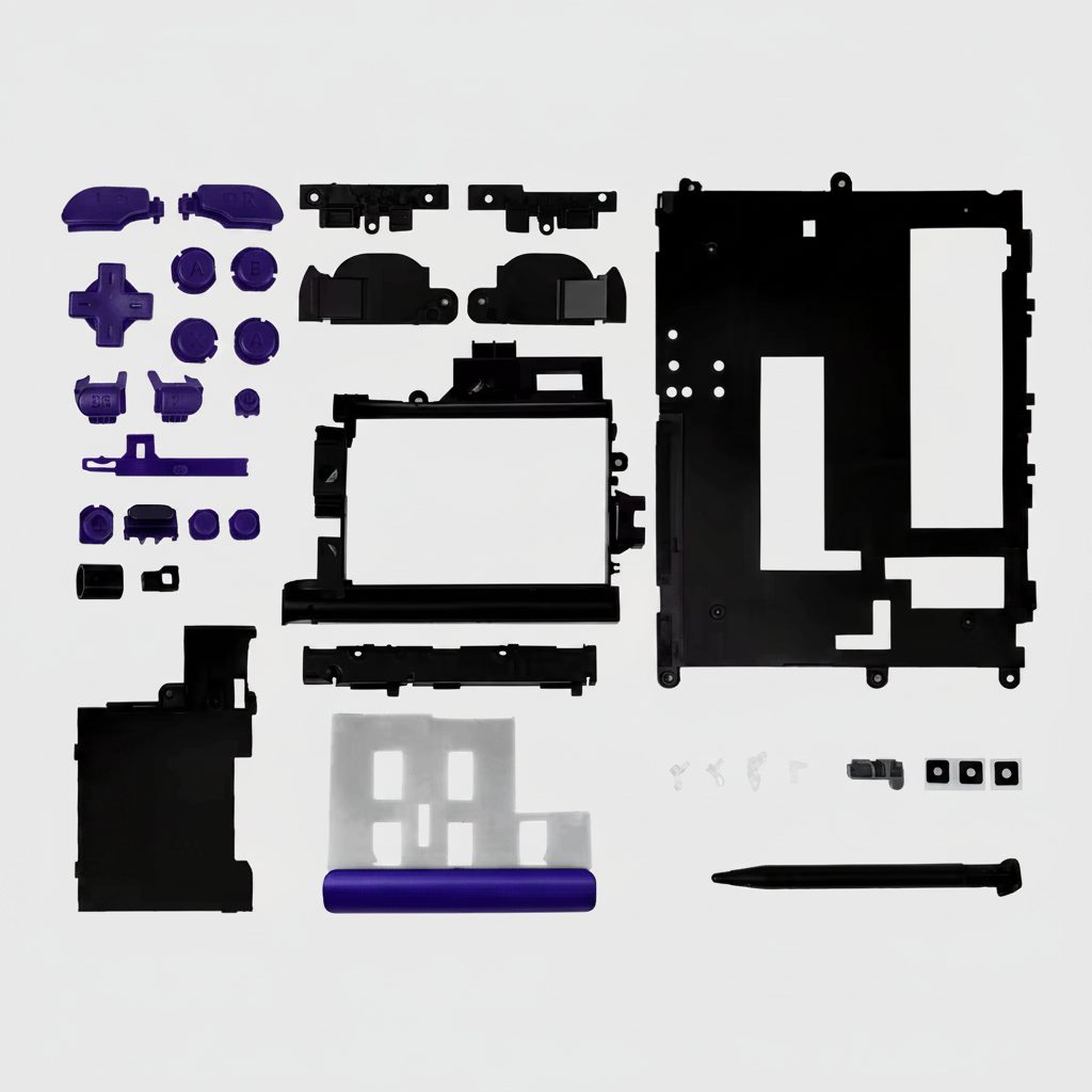 Purple replacement buttons, black housing pieces and stylus for the Amethyst Nebula New 2DS XL shell