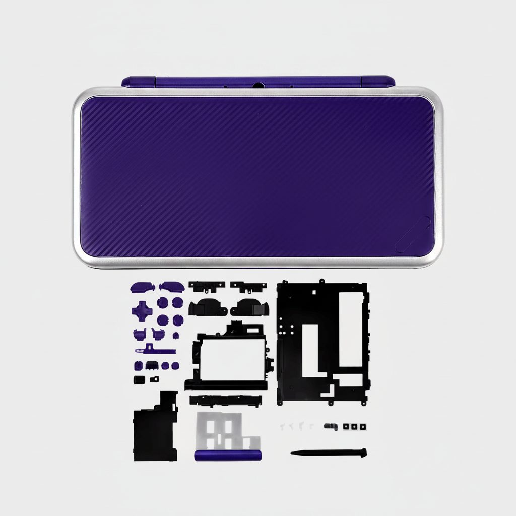 Amethyst Nebula New 2DS XL shell kit with purple carbon lid, silver trim and black housing panels