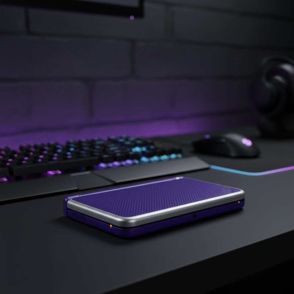 Purple carbon Amethyst Nebula New 2DS XL housing resting on a violet-lit RGB gaming desk