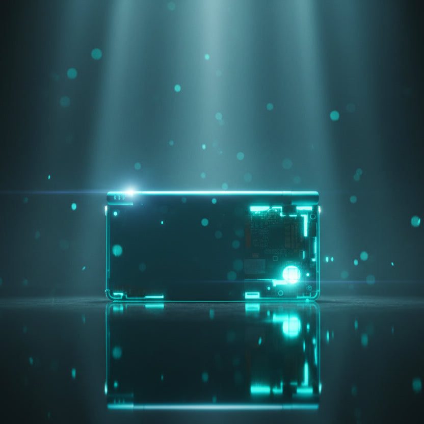 Translucent Arctic Frost DSi housing lit with light beams and bokeh, see-through DSi shell UK