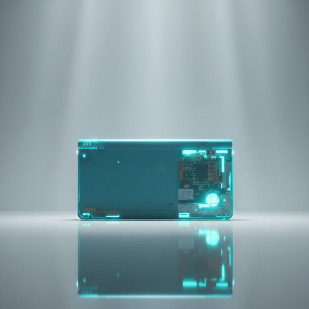 Arctic Frost clear ice-blue DSi replacement shell on white, frosted see-through console housing