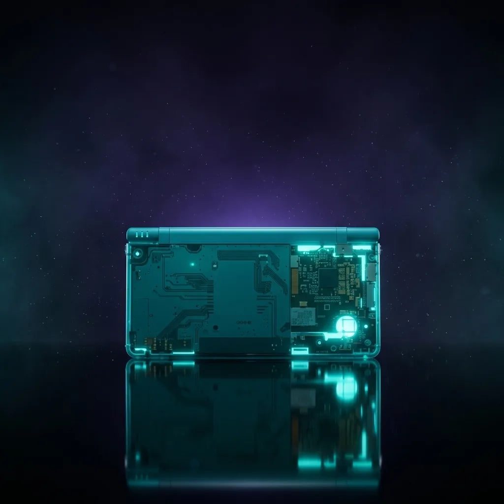 Arctic Frost pale ice-blue translucent DSi shell showing the board, teal glow on a dark background
