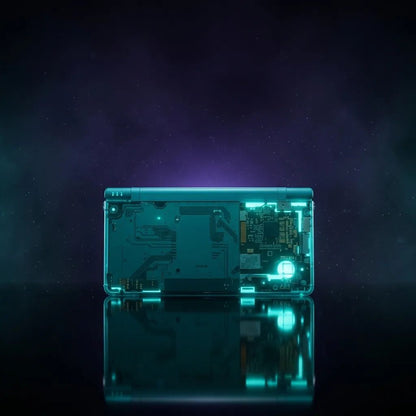 Arctic Frost pale ice-blue translucent DSi shell showing the board, teal glow on a dark background