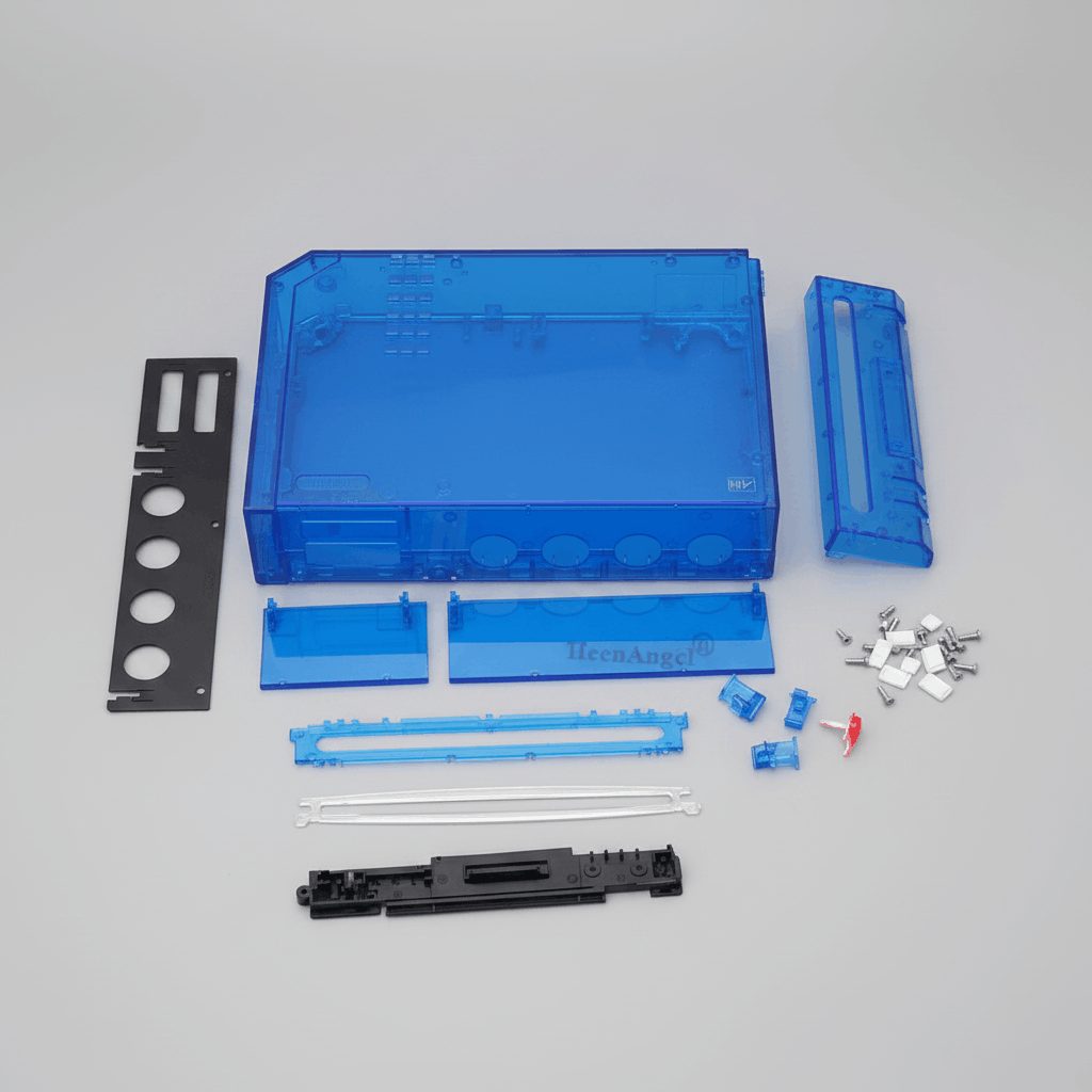 Complete Arctic Tide blue transparent Wii replacement shell kit on grey with rails, clips and screws, UK