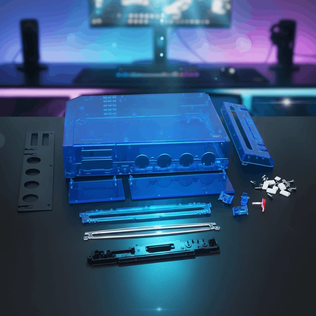 Blue-tinted transparent Wii aftermarket housing shell on an RGB gaming desk, see the board inside, buy online UK