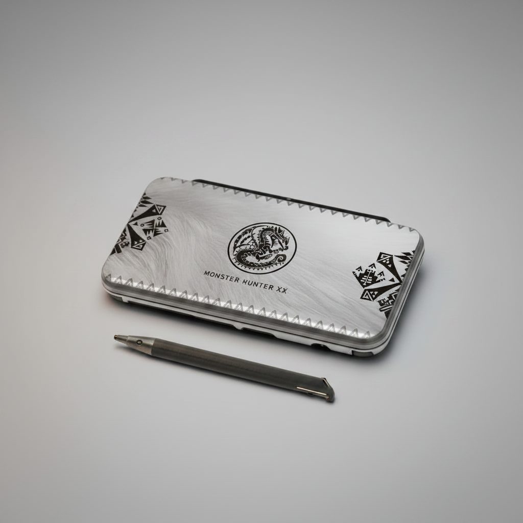 Astro Mist New 2DS XL shell in pearl silver finish with a hunter dragon crest, shown on grey