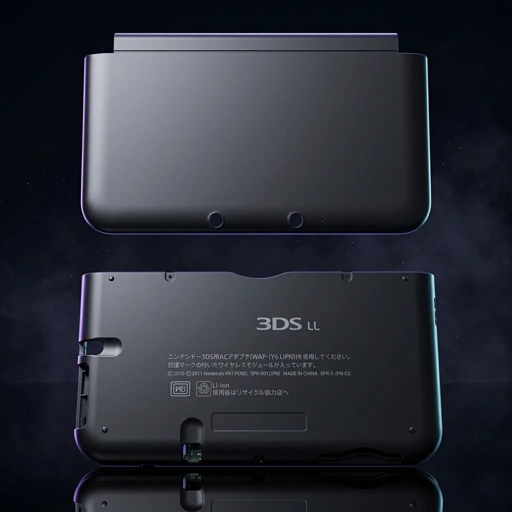 Black Nintendo 3DS XL replacement housing shell top and bottom covers on a dark backdrop, ModxGaming UK
