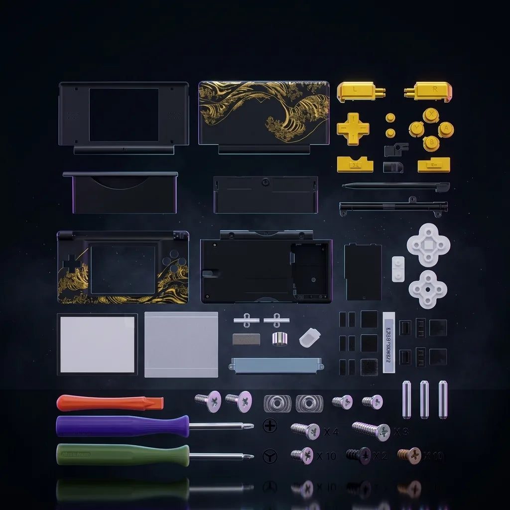 Black Aurum black-and-gold DS Lite replacement shell kit on dark, aftermarket housing with yellow buttons - ModxGaming UK