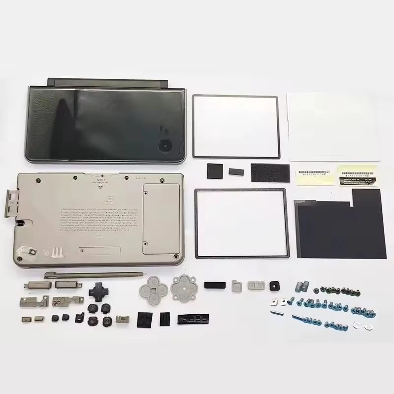 Black Nintendo DSi XL replacement housing and full parts set arranged neatly on a white background, from ModxGaming UK