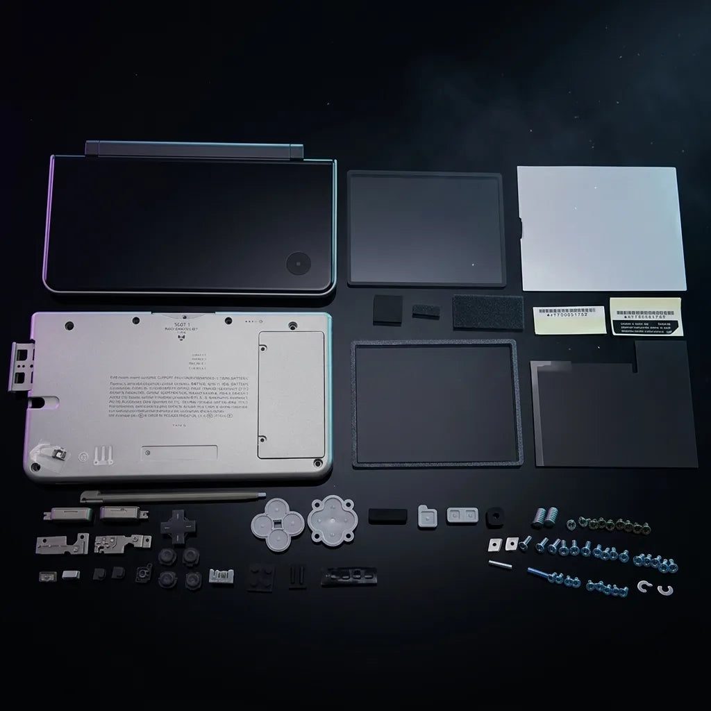Glossy black Nintendo DSi XL replacement shell kit with buttons and lenses laid out on a dark background - ModxGaming UK