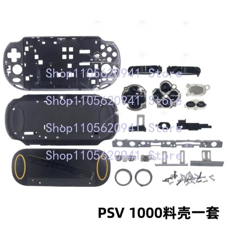 Black PS Vita 1000 replacement housing parts set with analog rings and screws on white background - ModxGaming UK
