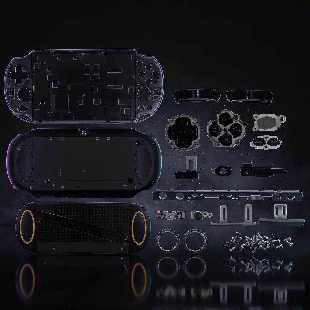 Black PS Vita 1000 replacement shell full housing kit with buttons and screws on a dark background, ModxGaming UK