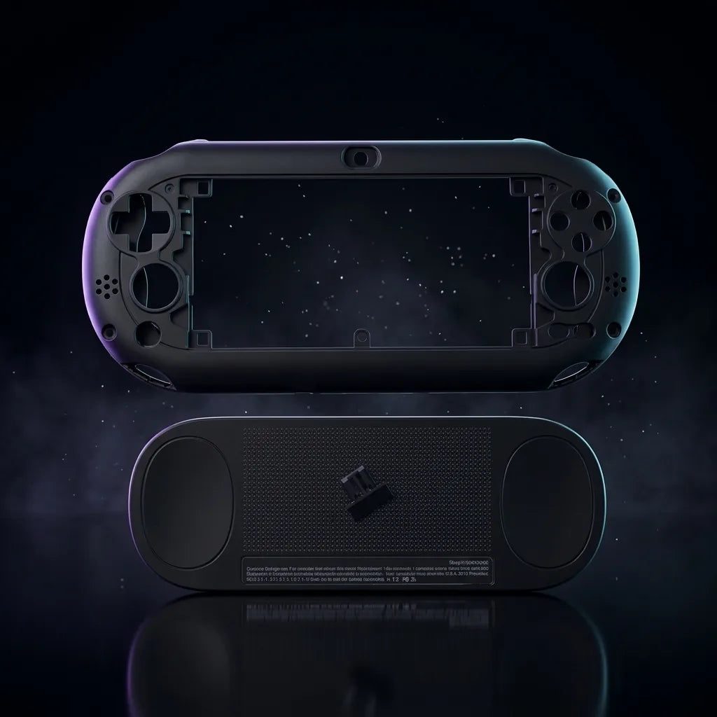 Black PS Vita 2000 Slim replacement shell front housing and bottom cover shown on a dark background - ModxGaming UK