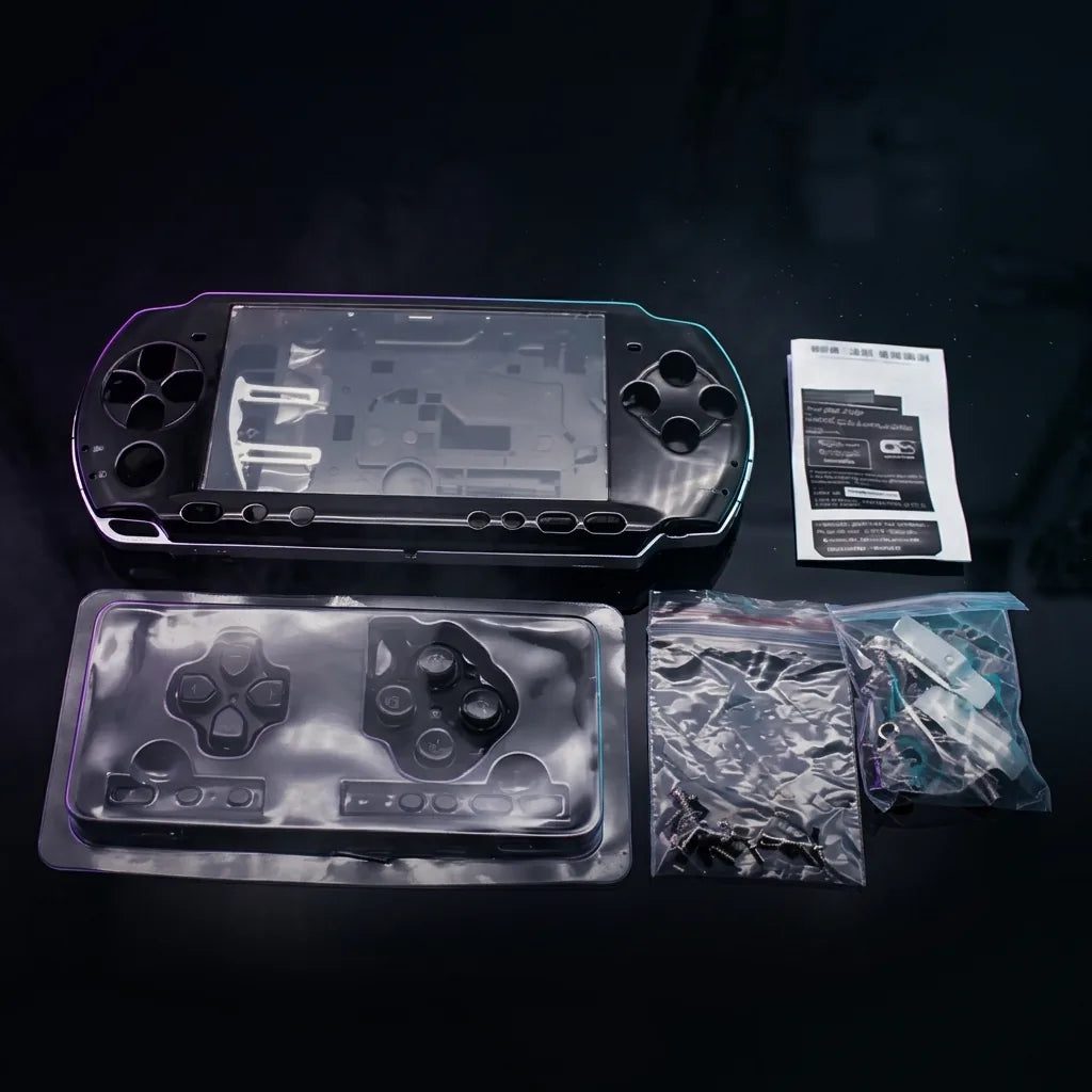 Black PSP 2000/3000 Slim replacement shell kit laid out with buttons and screws, modded PSP housing UK