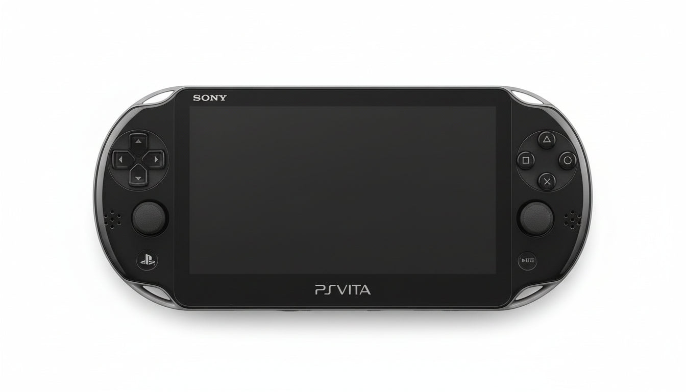 Black Sony PlayStation Vita gaming console on a gray surface Black Sony PS Vita handheld gaming system with custom firmware installed, pre-installed games, emulation support, and 128GB SD card.