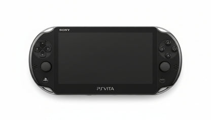 Black Sony PlayStation Vita gaming console on a gray surface Black Sony PS Vita handheld gaming system with custom firmware installed, pre-installed games, emulation support, and 128GB SD card.