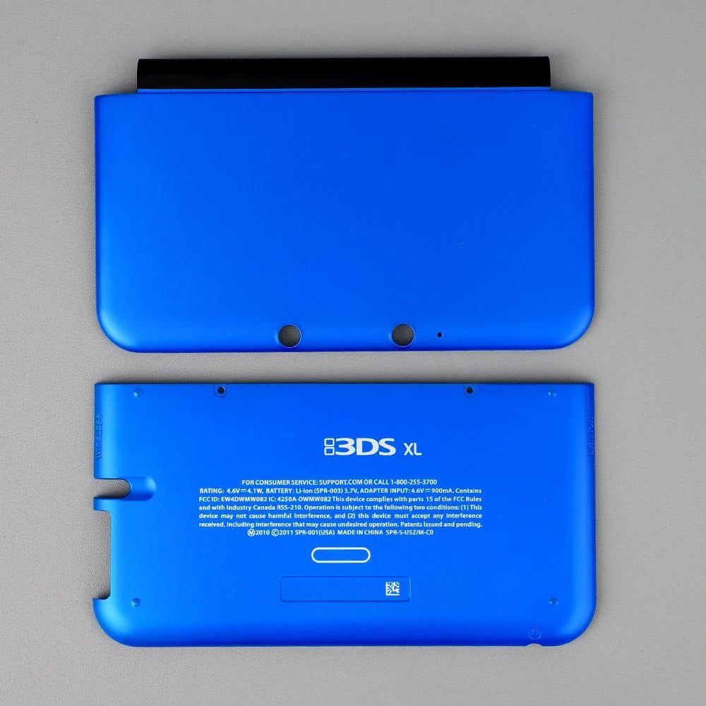 Blue 3DS XL aftermarket front and back cover plates on a plain grey background, buy replacement shell online UK