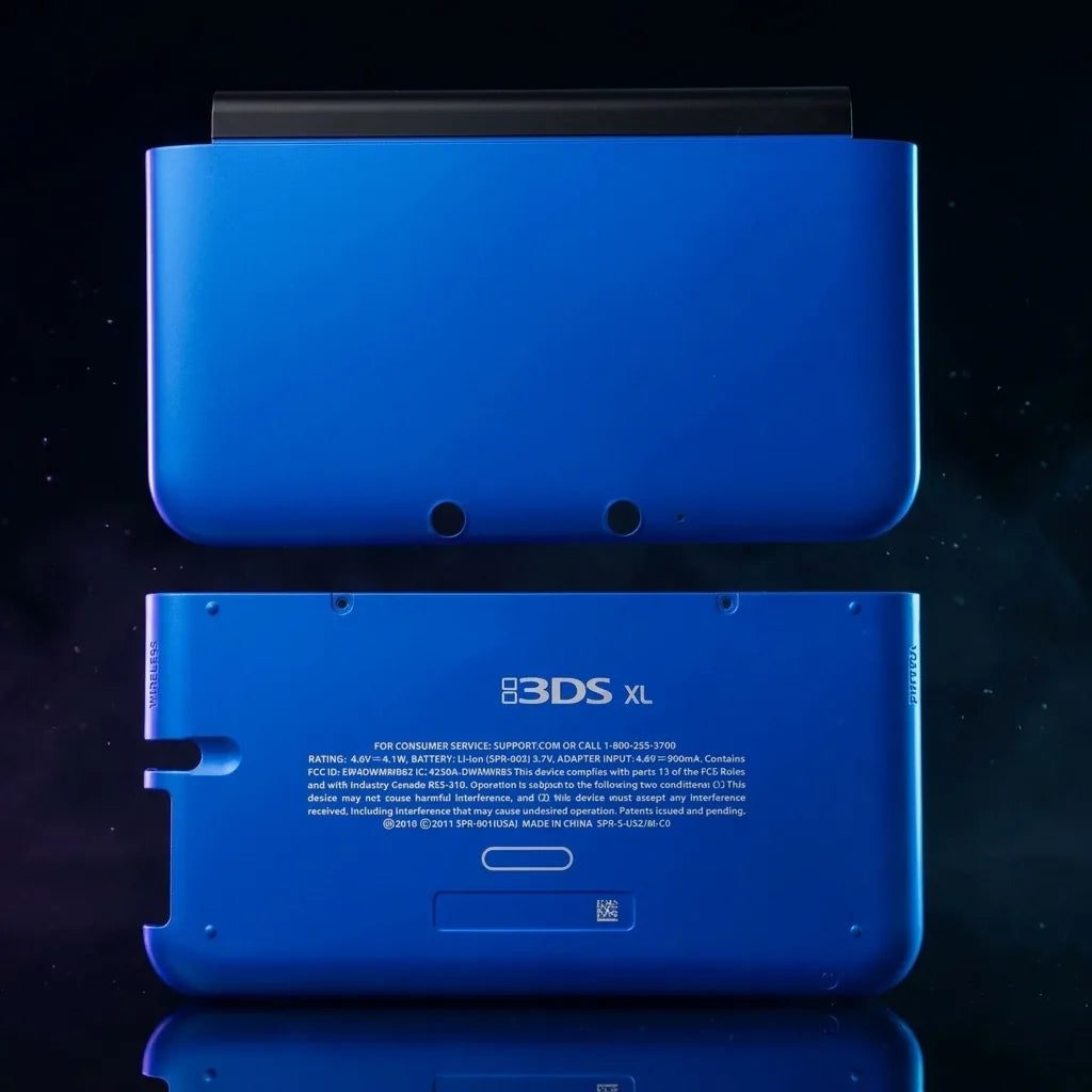 Blue Nintendo 3DS XL replacement housing shell top and bottom covers on a dark backdrop, ModxGaming UK