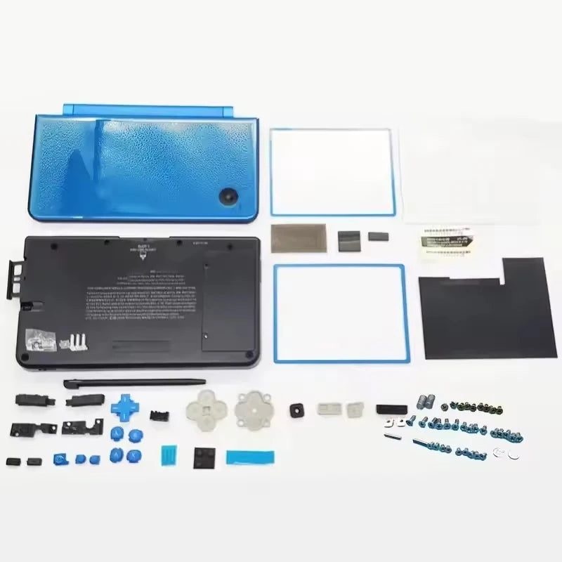 Bright blue Nintendo DSi XL replacement housing with buttons and screen lenses on a white background, from ModxGaming UK