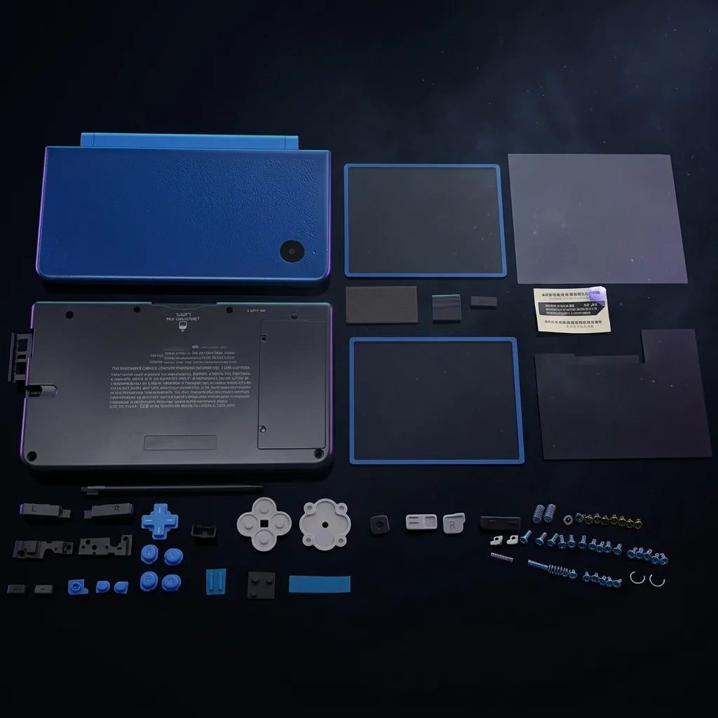 Metallic navy blue Nintendo DSi XL replacement shell kit displayed on a dark studio background - ModxGaming UK housing
