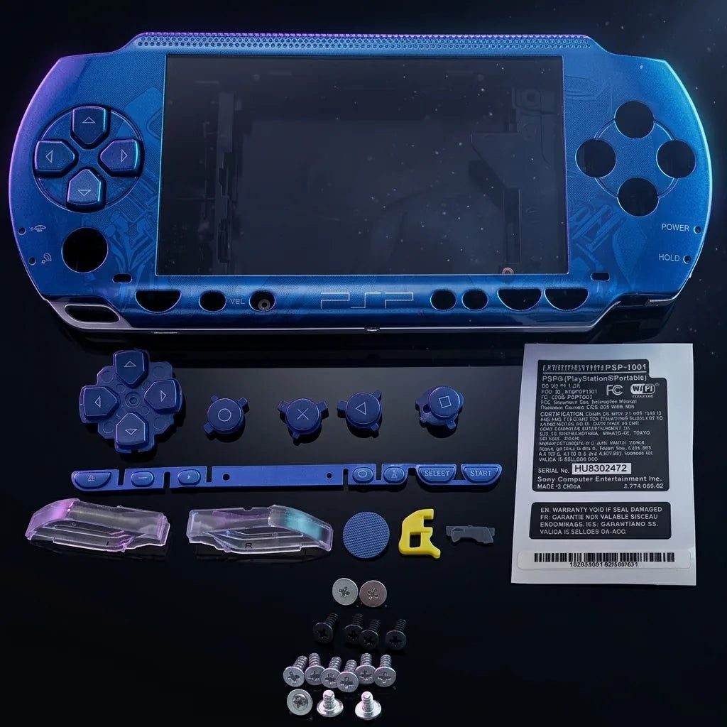 Blue PSP 1000 Phat replacement shell kit laid out with buttons and screws, modded PSP housing UK