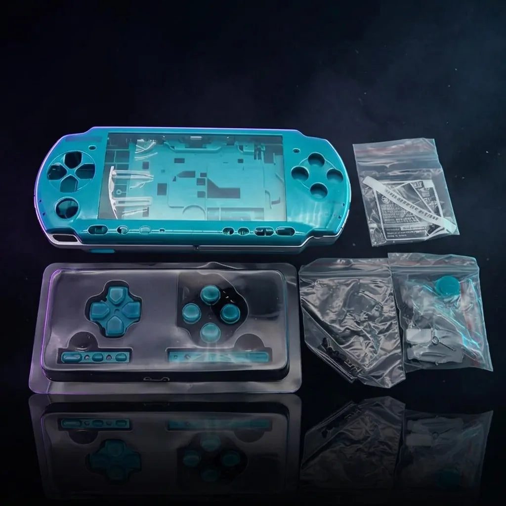 Blue PSP 2000/3000 Slim replacement shell kit laid out with buttons and screws, modded PSP housing UK