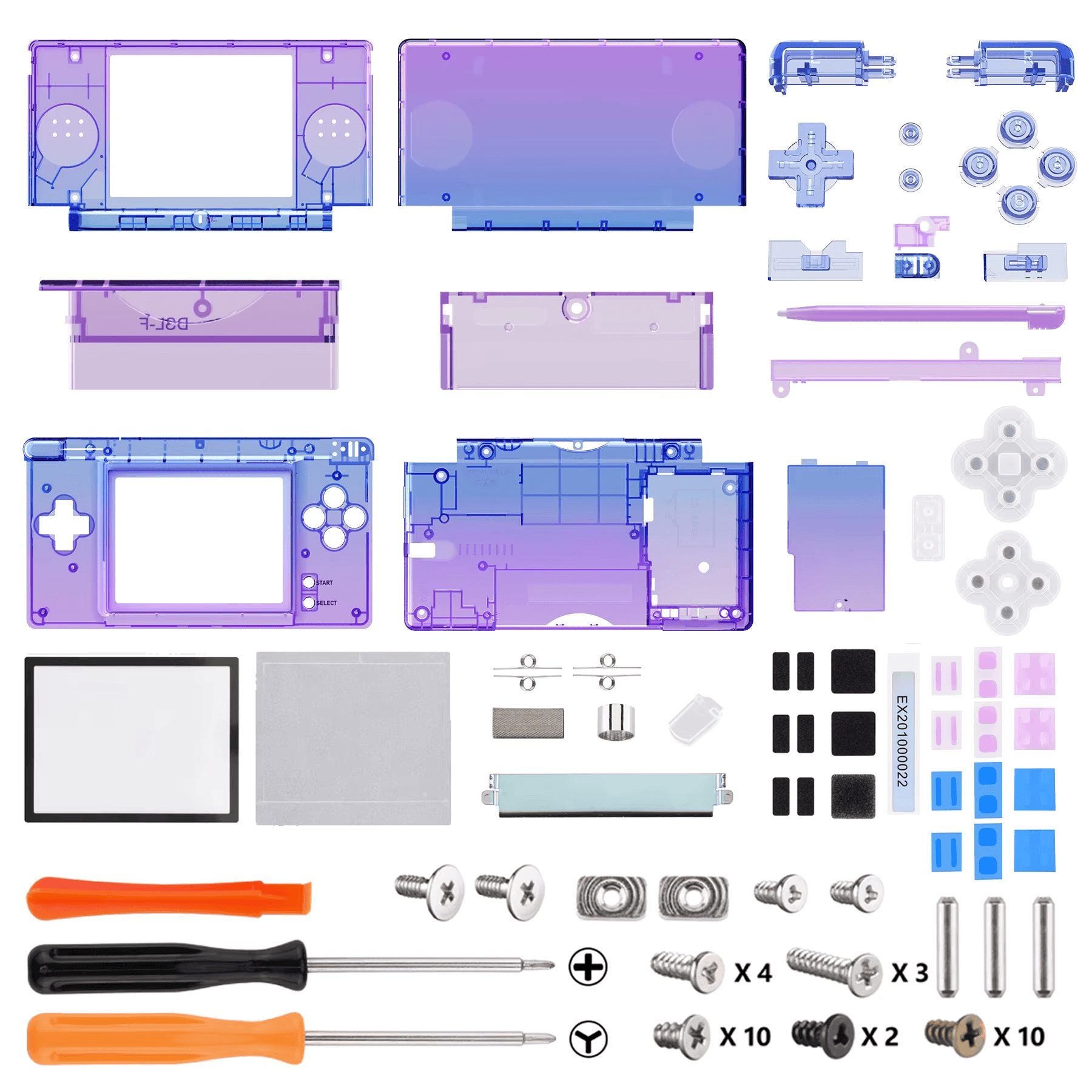 Complete Bluebell Ghost translucent DS Lite replacement shell kit with clear buttons and screws, custom DS Lite case UK