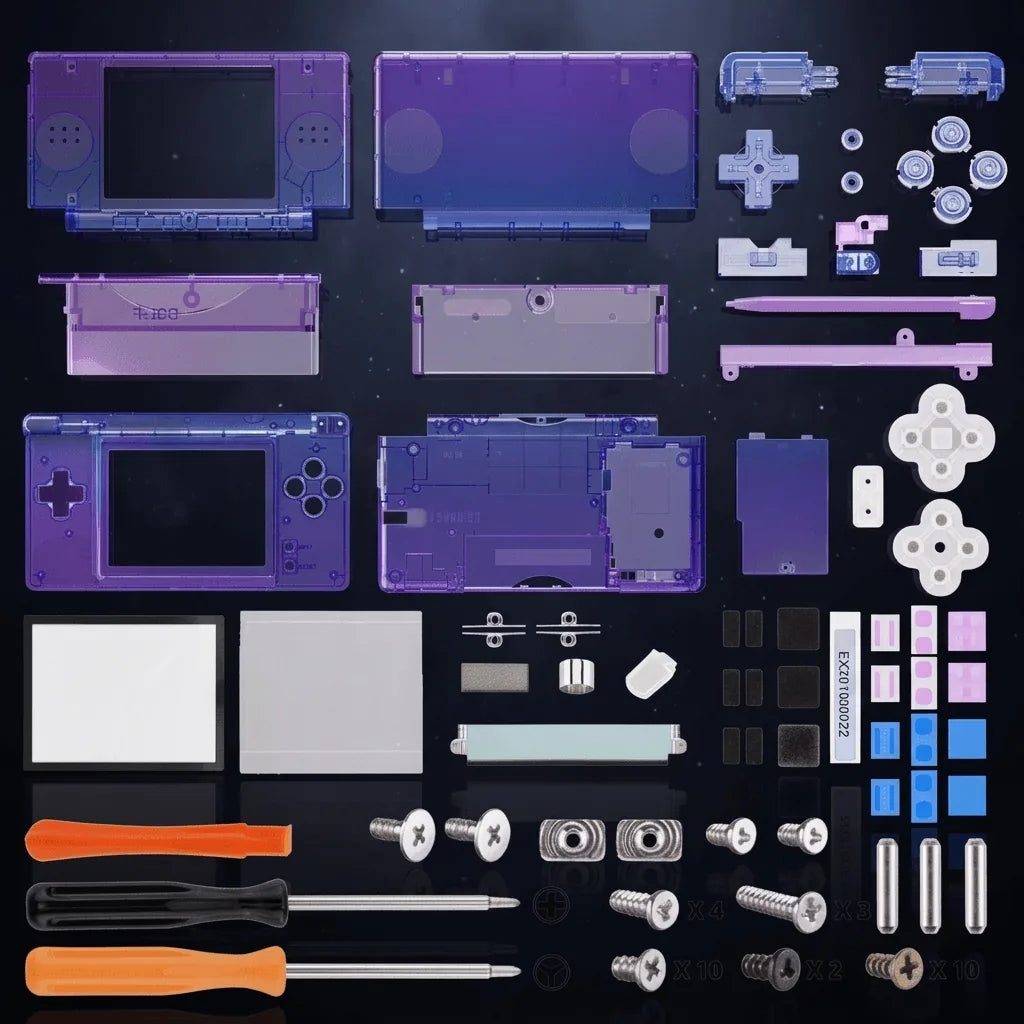 Bluebell Ghost translucent violet-blue DS Lite replacement shell kit on black, clear aftermarket housing and buttons UK