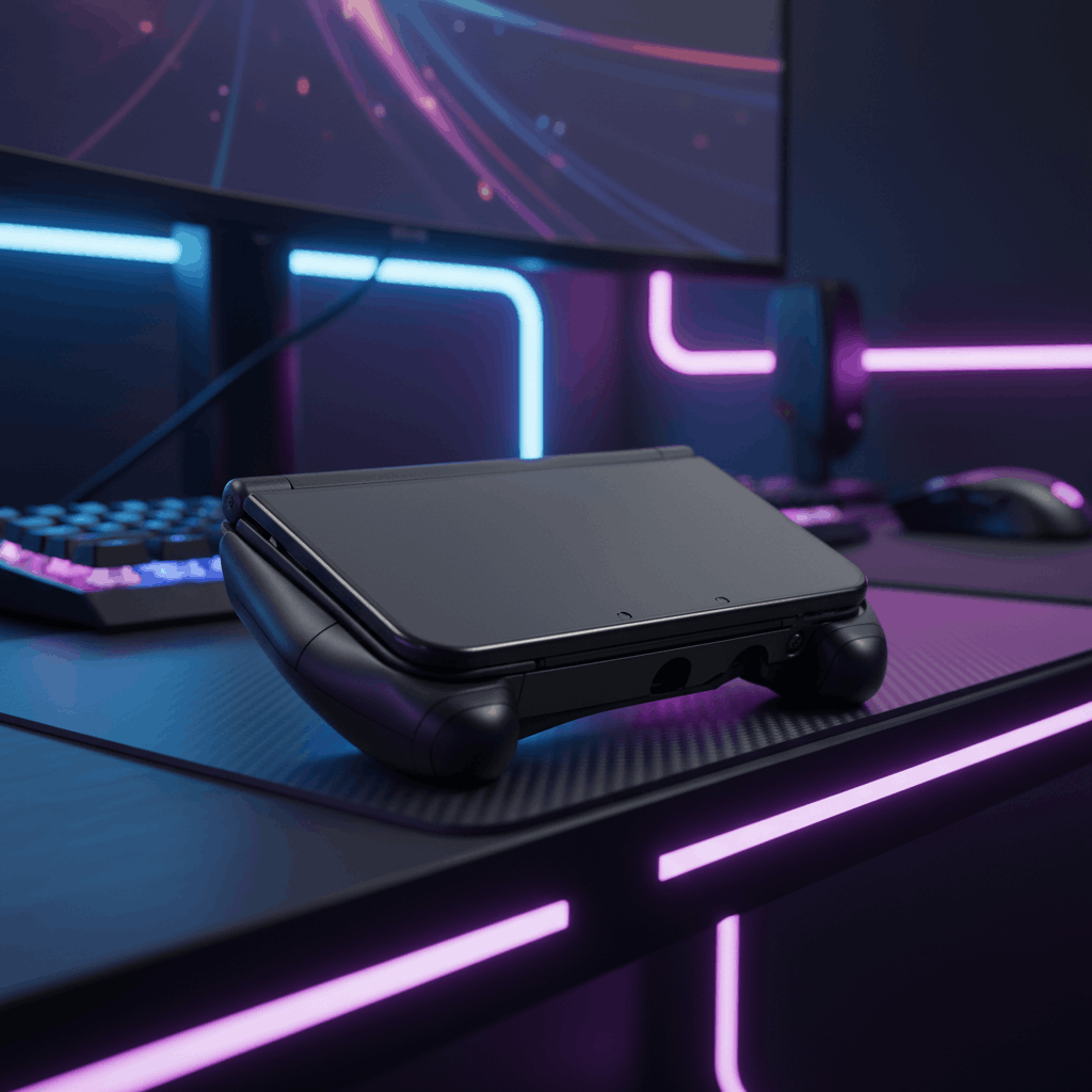 3DS XL ergonomic hand grip with purple LED gaming setup background
