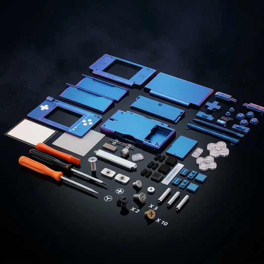 Chameleon Prism blue-purple metallic DS Lite replacement shell kit on a dark backdrop, aftermarket housing and buttons UK