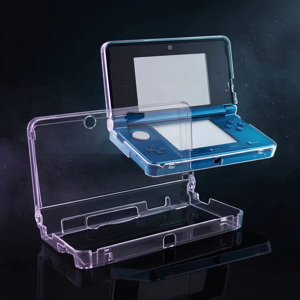 Blue Nintendo 3DS in a clear crystal hard shell case, open clamshell view on a studio backdrop – ModxGaming UK