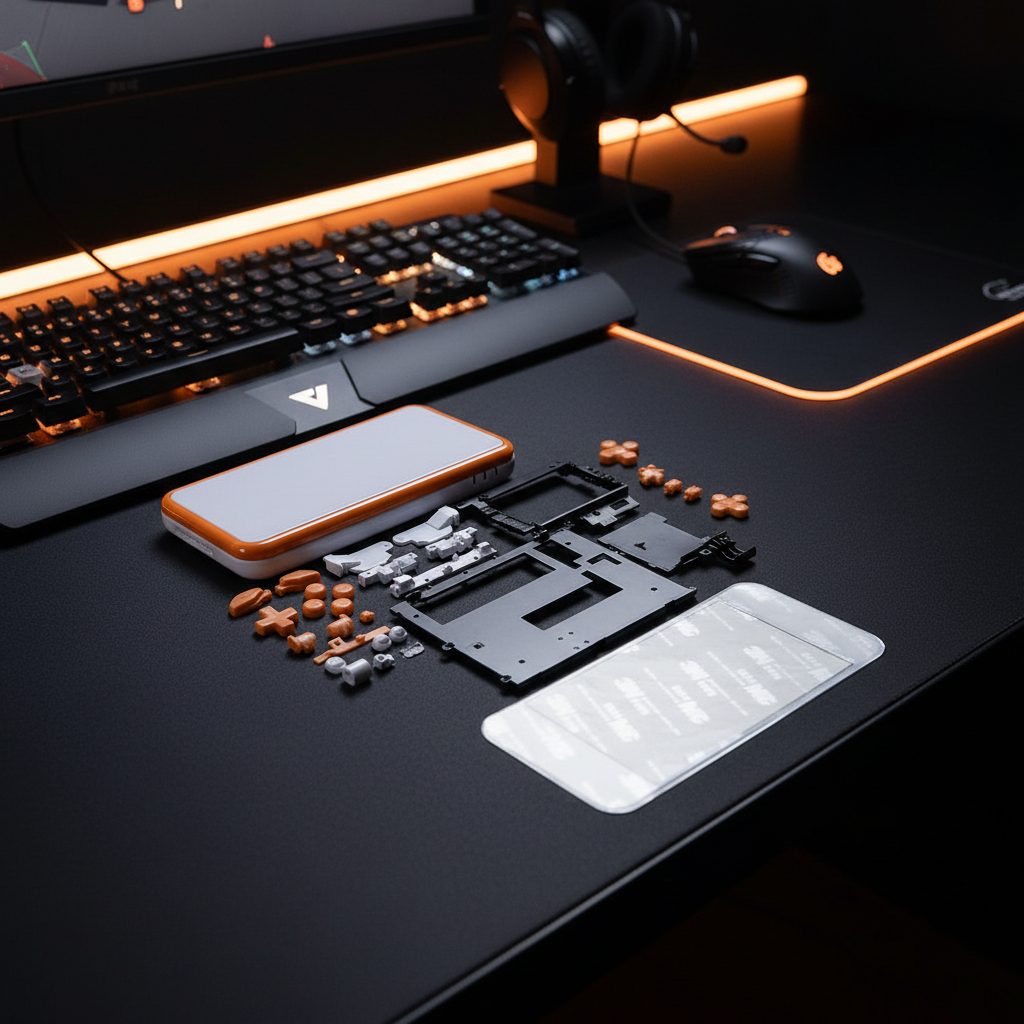 White and orange Cosmic Dust New 2DS XL housing shown on an orange-lit RGB gaming desk setup