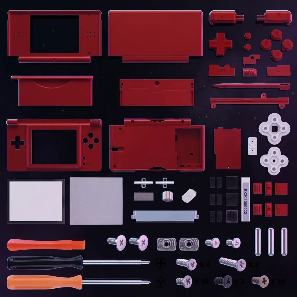 Crimson Ember red DS Lite replacement shell kit with buttons, D-pad and tools laid out on a purple gaming desk, UK