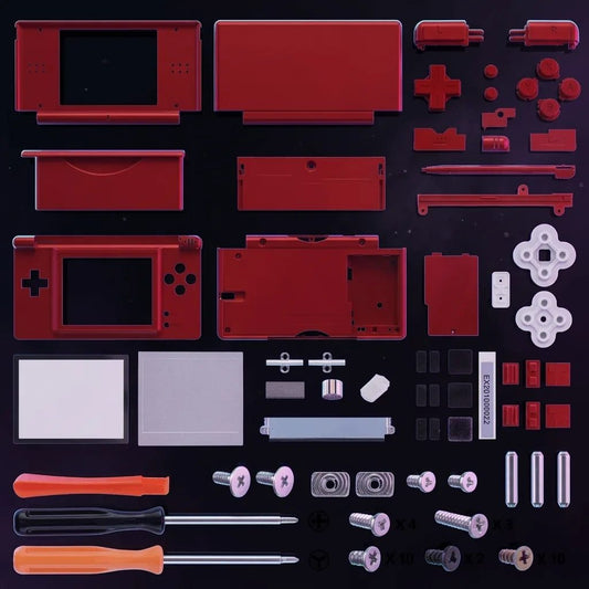 Crimson Ember red DS Lite replacement shell kit with buttons, D-pad and tools laid out on a purple gaming desk, UK